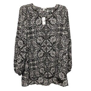 NWT Maurices Black White Lattice Neck Tunic Blouse Top Medium Lantern Sleeves